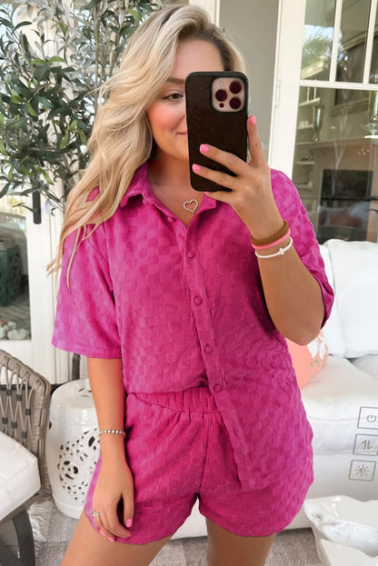 Ensemble 2 pièces court en tricot éponge à carreaux grande taille Peach Blossom