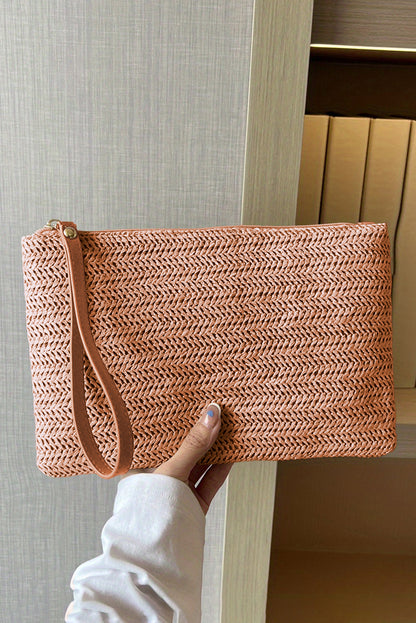 Chestnut Straw Woven Wrist Strap Zipper Large Wallet