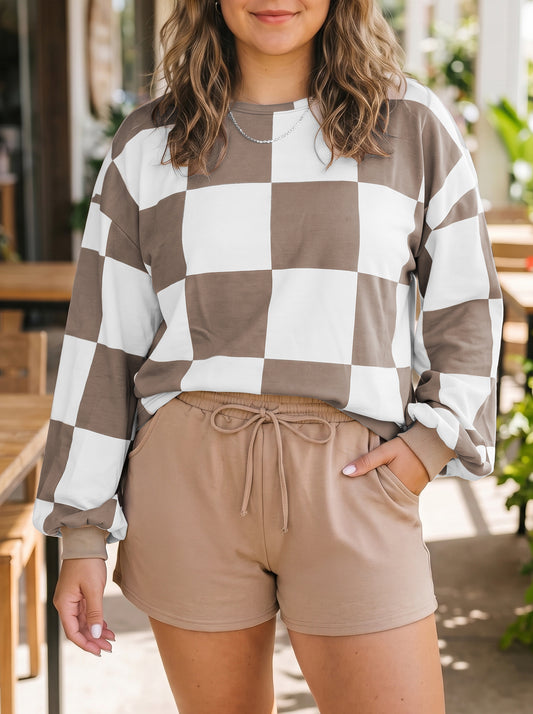 Khaki Checkered Contrast Long Sleeve Top Solid Shorts Plus Size 2pcs Set
