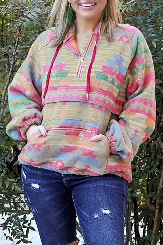 Sudadera con capucha y cremallera con estampado geométrico azteca occidental de talla grande multicolor
