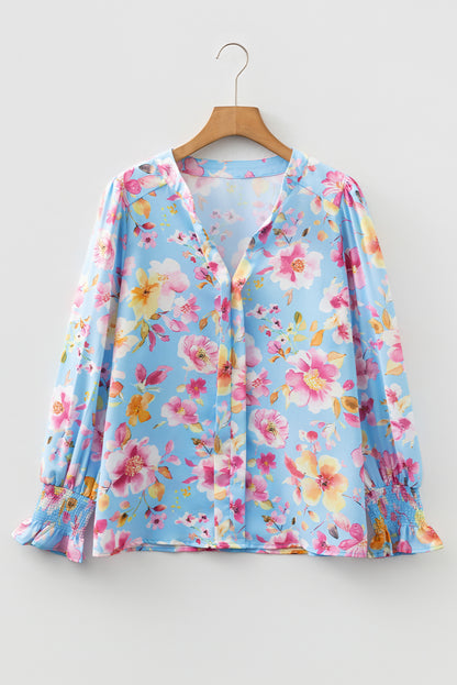 Sky Blue Floral Smocked Cuff Flounce Sleeve V Neck Blouse