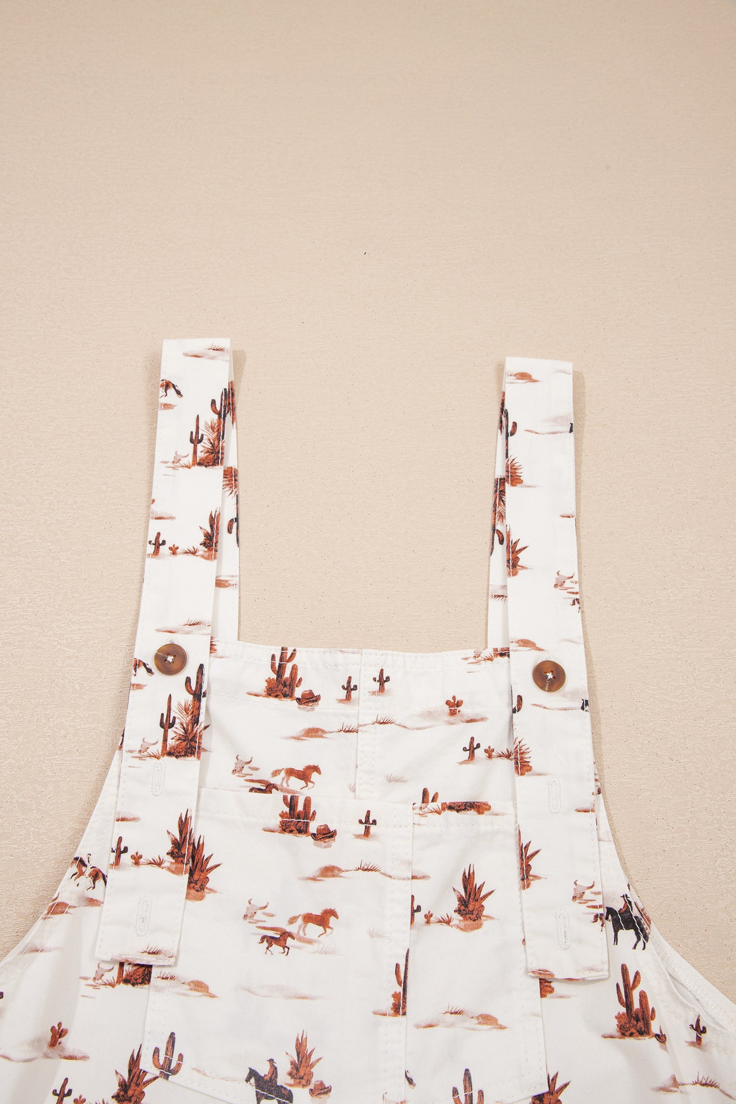 Beige Western Printed Button Adjustable Straps Loose Jumpsuit Dungarees