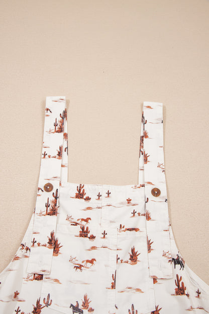 Beige Western Printed Button Adjustable Straps Loose Jumpsuit Dungarees