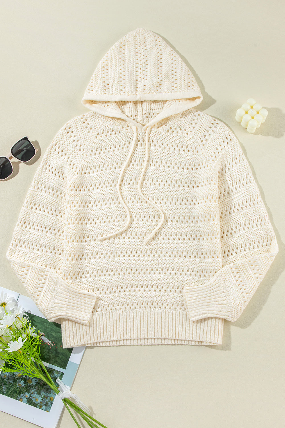 Pull à capuche à manches raglan en tricot pointelle blanc