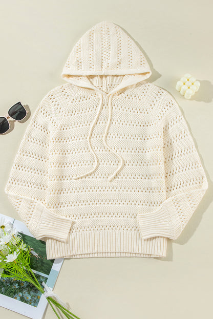 Pull à capuche à manches raglan en tricot pointelle blanc