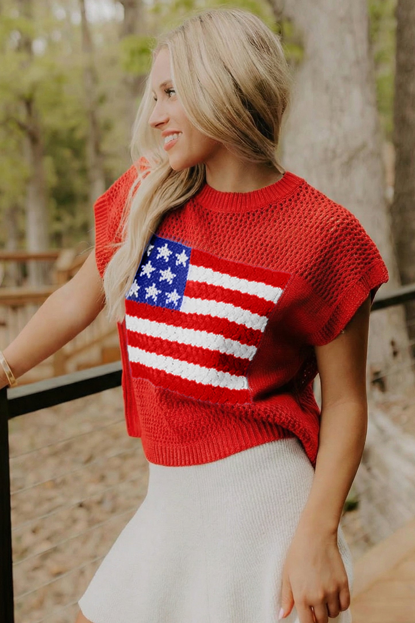 Fiery Red Flag Graphic Short Sleeve Sweater Top