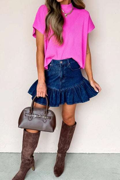 Bright Pink Solid Color Lightweight Ribbed Knit Mock Neck Sweater