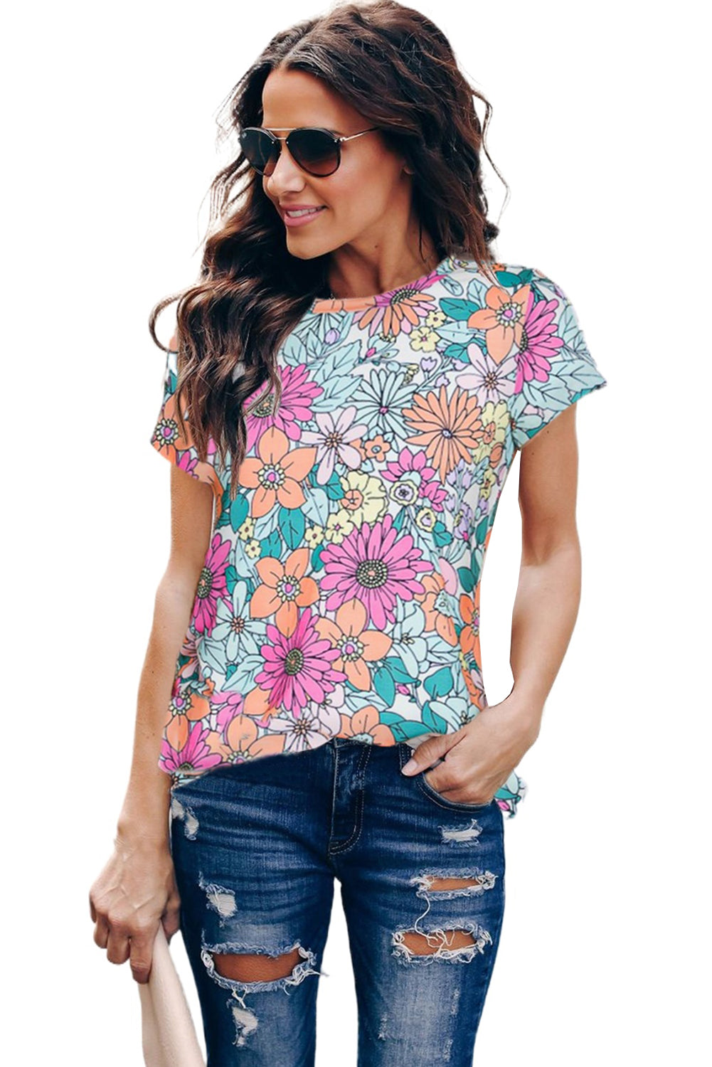 Top de manga corta con dobladillo asimétrico y estampado floral multicolor 