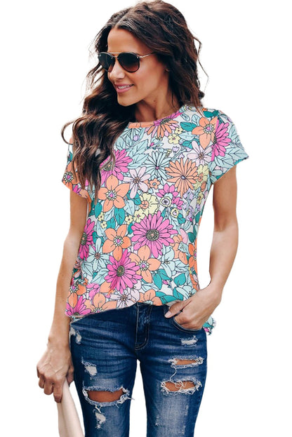 Top de manga corta con dobladillo asimétrico y estampado floral multicolor 