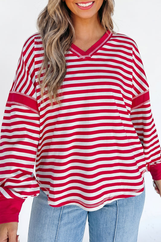 Red Stripe Exposed Seam V Neck Balloon Sleeve Pullover