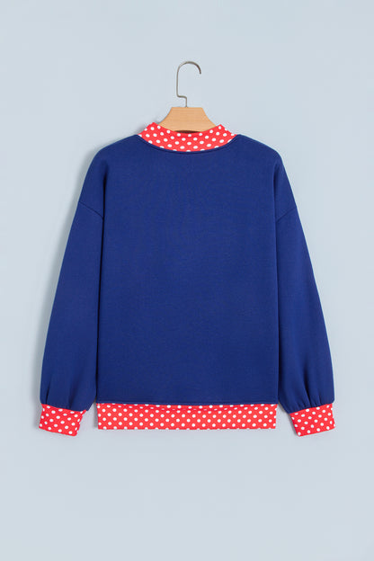 Dirty blue Polka Dot Letter Print Contrast Trim Mock Neck Sweatshirt