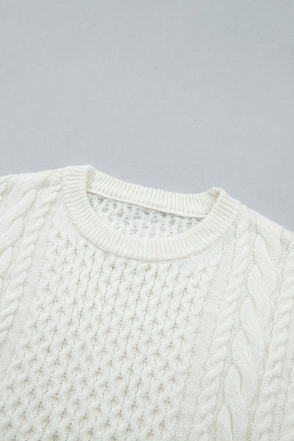Beige Solid Color Cable Detail Knit Loose Round Neck Sweater