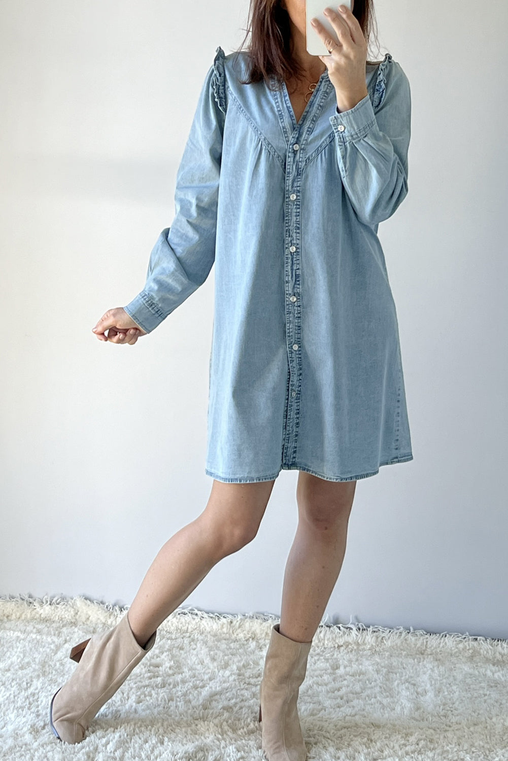 Myosotis Ruffled V Neck Buttoned Shift Denim Dress HannaBanna Clothing Myosotis Ruffled V Neck Buttoned Shift Denim Dress HannaBanna Clothing