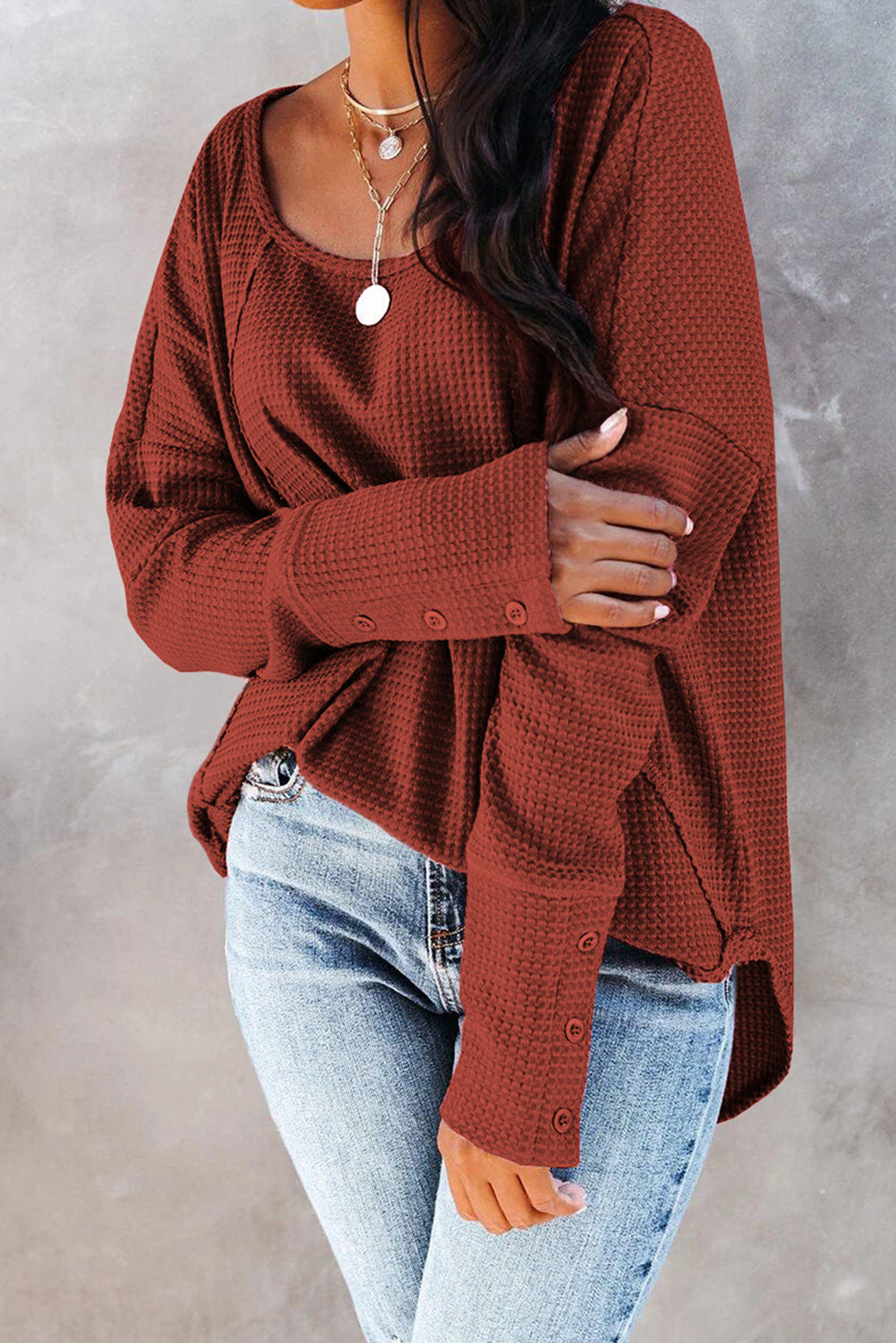 Waffle Knit Splicing Buttons Long Sleeve Top