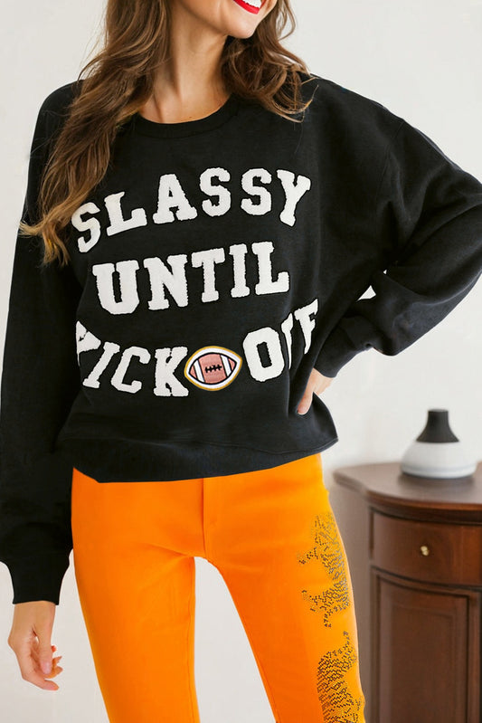 Black CLASSY UNTIL KICKOFF Plush Letter Patched Loose Sweatshirt