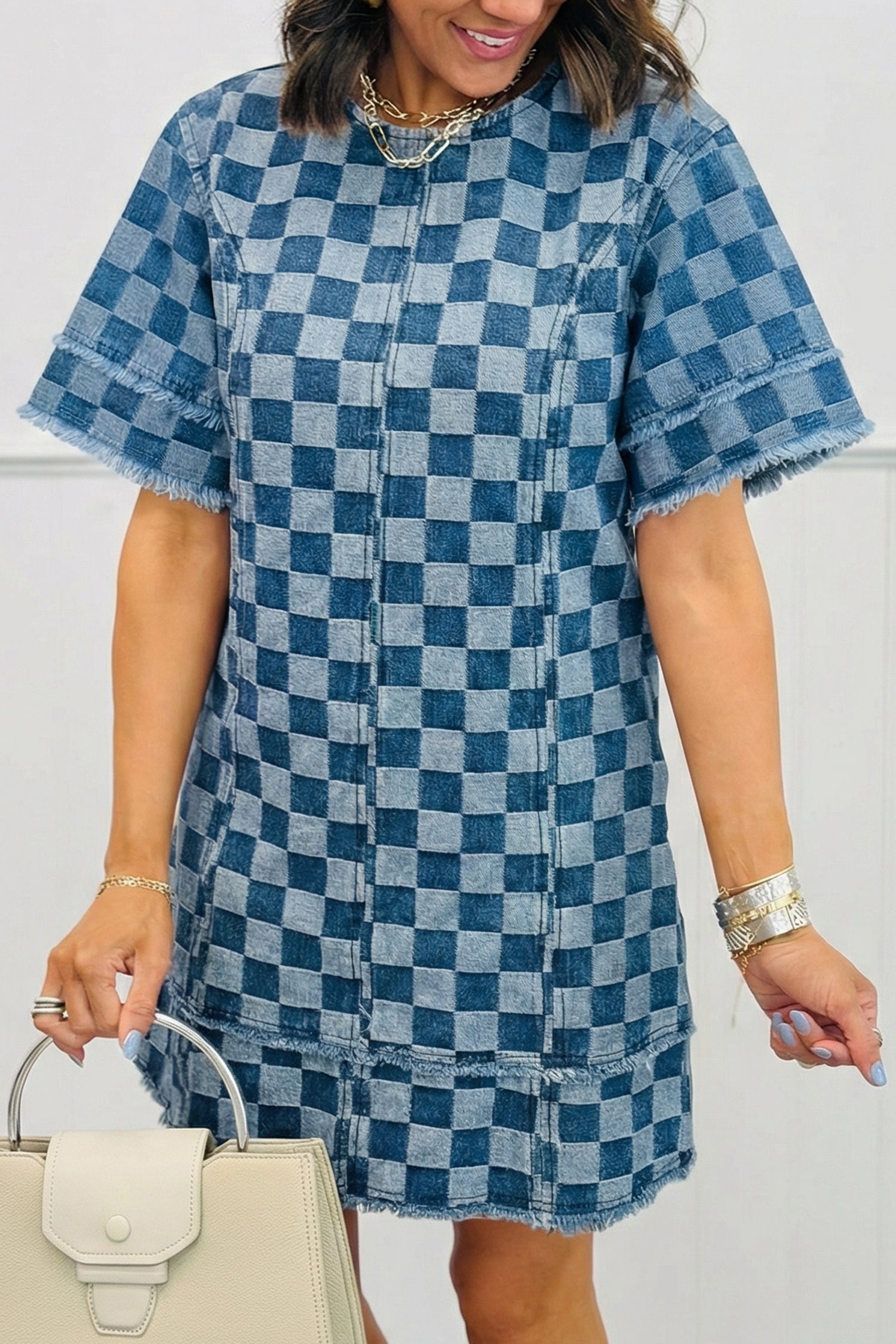 Sky Blue Frayed Hem Checkered Denim Mini Dress