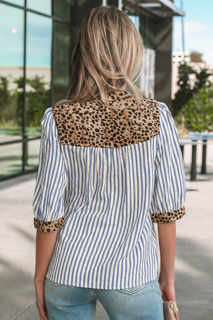 Sky Blue Stripe Leopard Trim V Neck Button Down Half Sleeve Shirt