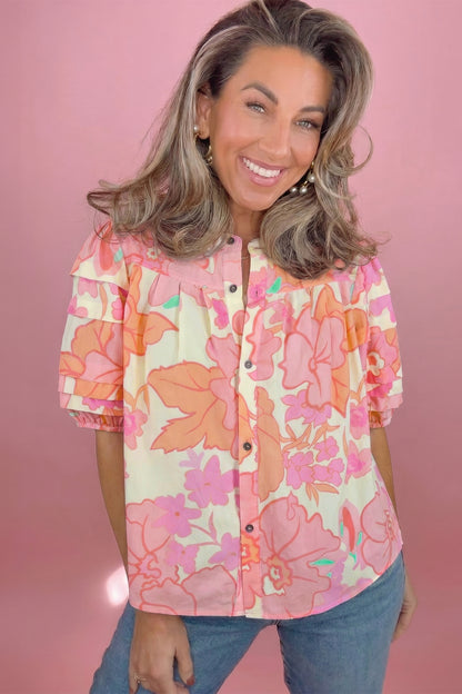 Pink Floral Print Button Down Pintuck Short Sleeve Shirt