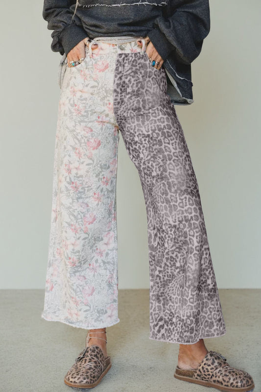 Multicolour Retro Floral Leopard Contrast Patchwork Raw Hem Jeans