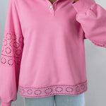 Bonbon Embroidered Flower Patchwork Snap Buttons Pullover Sweatshirt