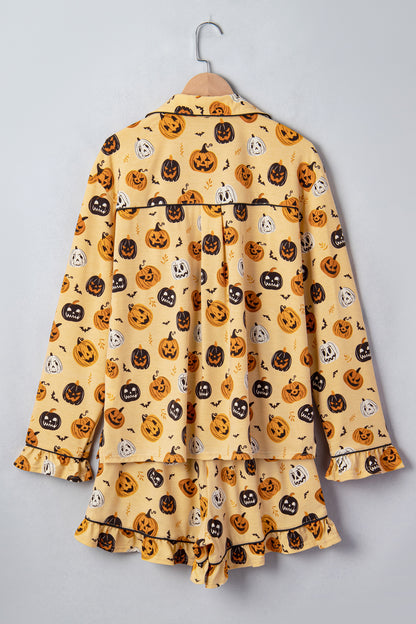 Orange Long Sleeve Ruffle Pumpkin Face Print Two Piece Lounge Set