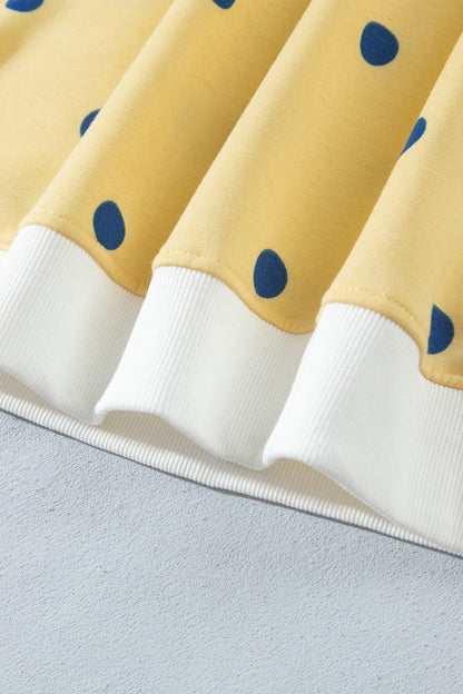 Yellow Polka Dot Ribbed Trim Long Sleeve Top Casual Short Set