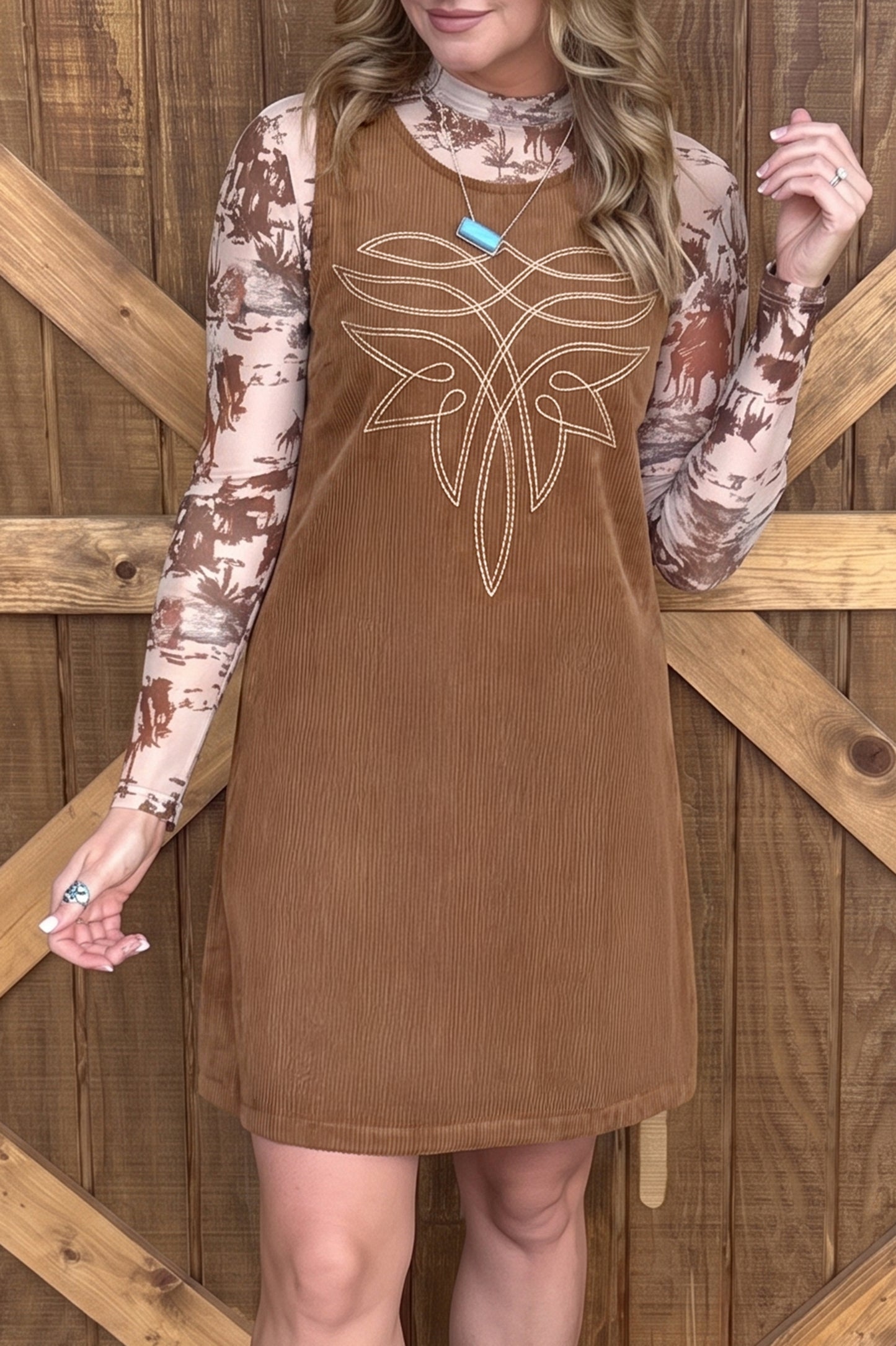 Coffee Geometric Embroidery Sleeveless Corduroy Shift Dress