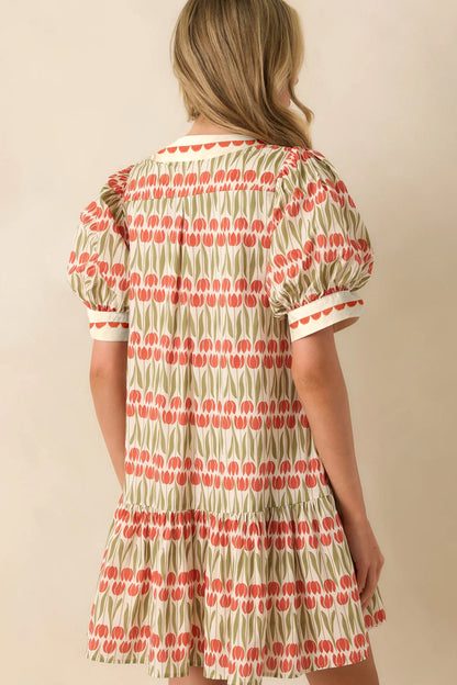 White Tulip Floral Print Cotton Puff Short Sleeve Mini Dress