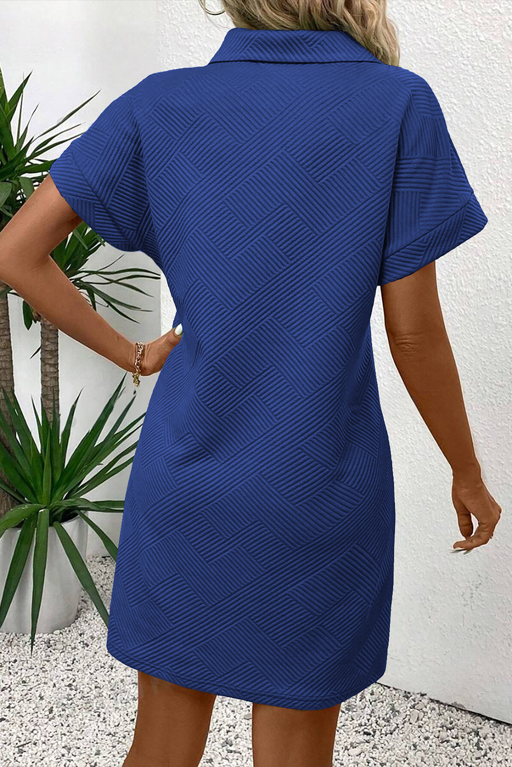 Sky Blue Solid Color Textured Short Sleeve A Line Mini Dress