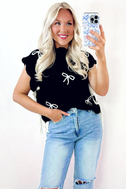 T-shirt noir à imprimé nœud et ourlet festonné