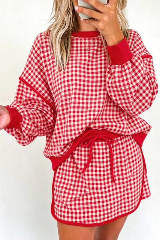 Red Gingham Oversized Ribbed Trim Crew Neck Long Sleeve Top and Skort Set