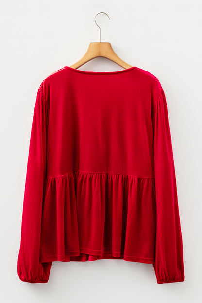 Red Clay Plus Size Tie Front Velvet Peplum Blouse