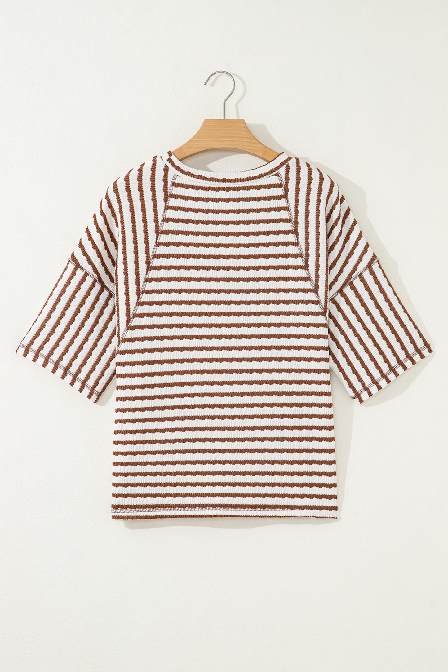 Brown Stripe Textured Knit Split Hem Half Sleeve Loose Top