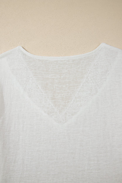 White Hollowed Lace Splicing V Neck T Shirt