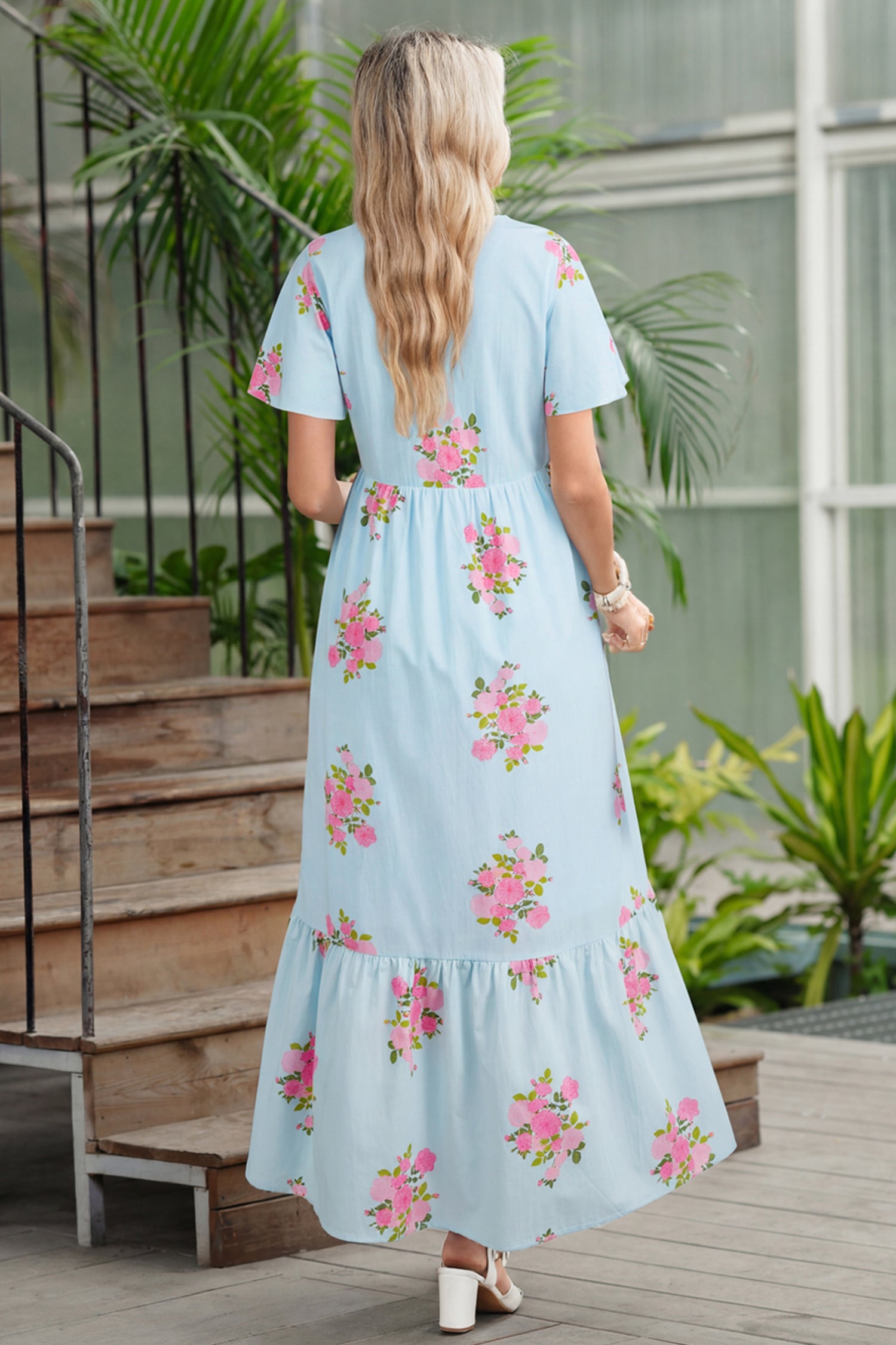 Sky Blue Notched Neck Flutter Short Sleeve Floral Print Maxi Dress