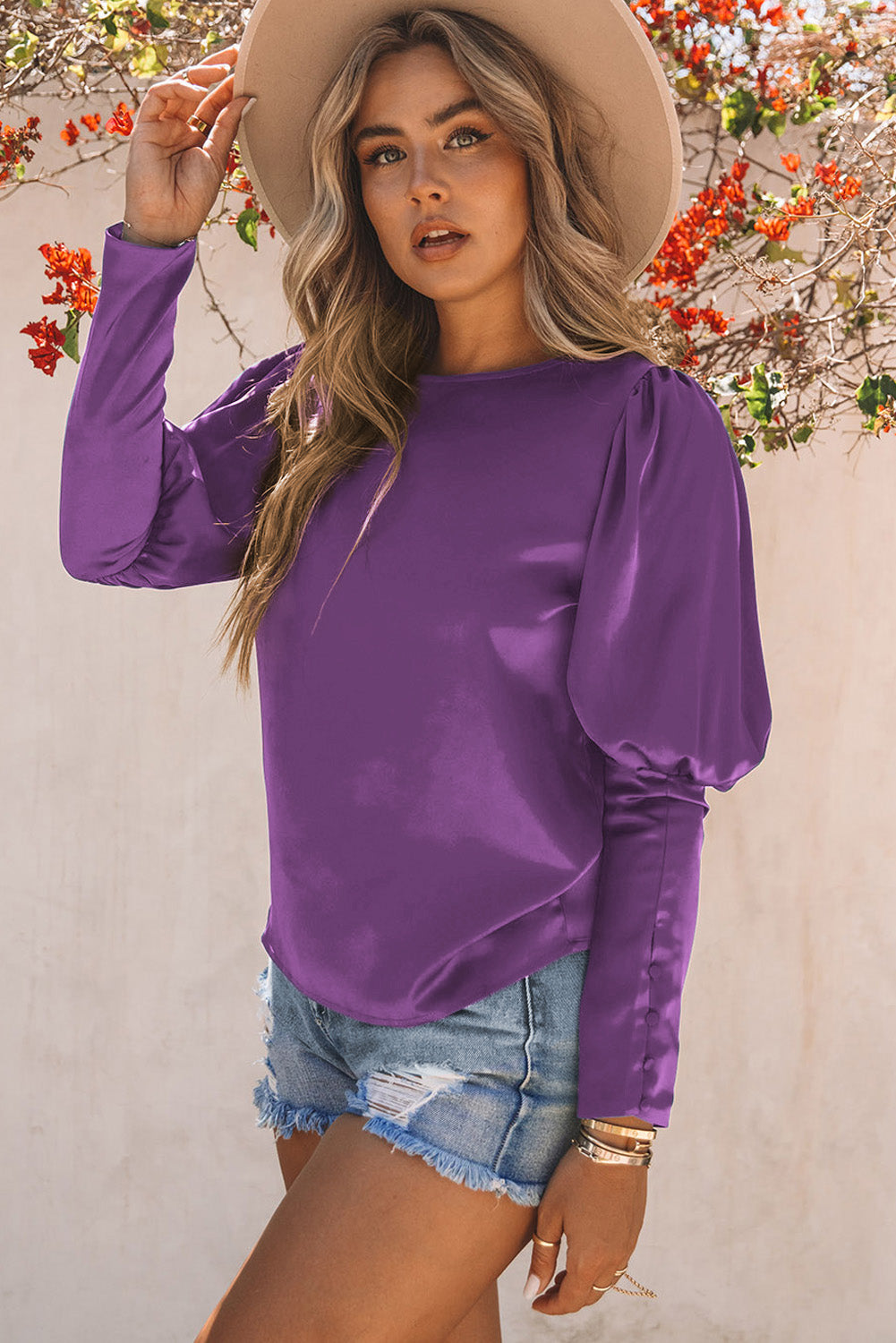 Satin Buttoned Cuffs Puff Sleeve Top