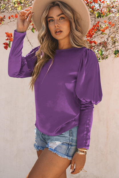 Satin Buttoned Cuffs Puff Sleeve Top