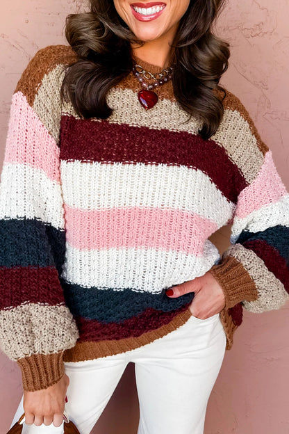 Multicolour Striped Knit Dropped Shoulder Round Neck Pullover Sweater