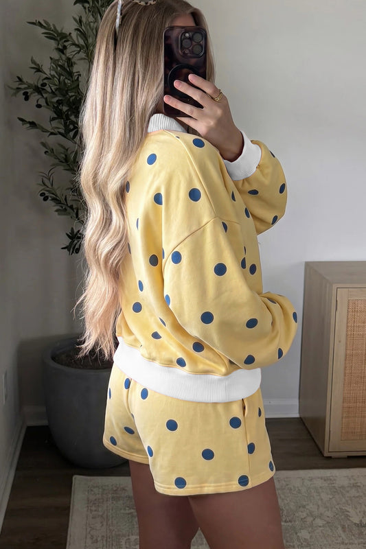 Yellow Polka Dot Ribbed Trim Long Sleeve Top Casual Short Set