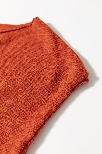 Pull orange uni à manches courtes et col en V fendu