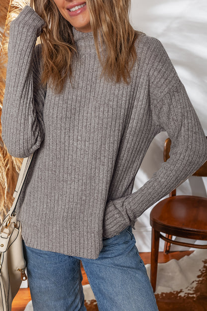 Gray Morn Ribbed High Neck Knitted Pullover Top