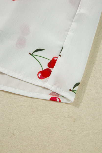 White Cherry Print Flounce Sleeve Collared Frilled Babydoll Blouse