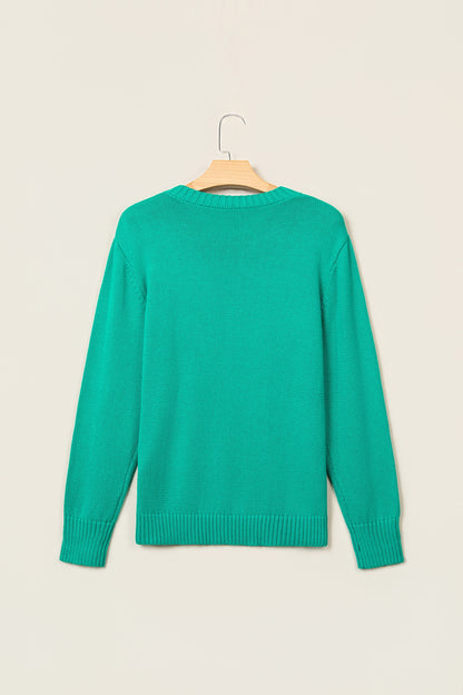 Bright Green Merry Print Ribbed Trim Round Neck Loose Fit Sweater
