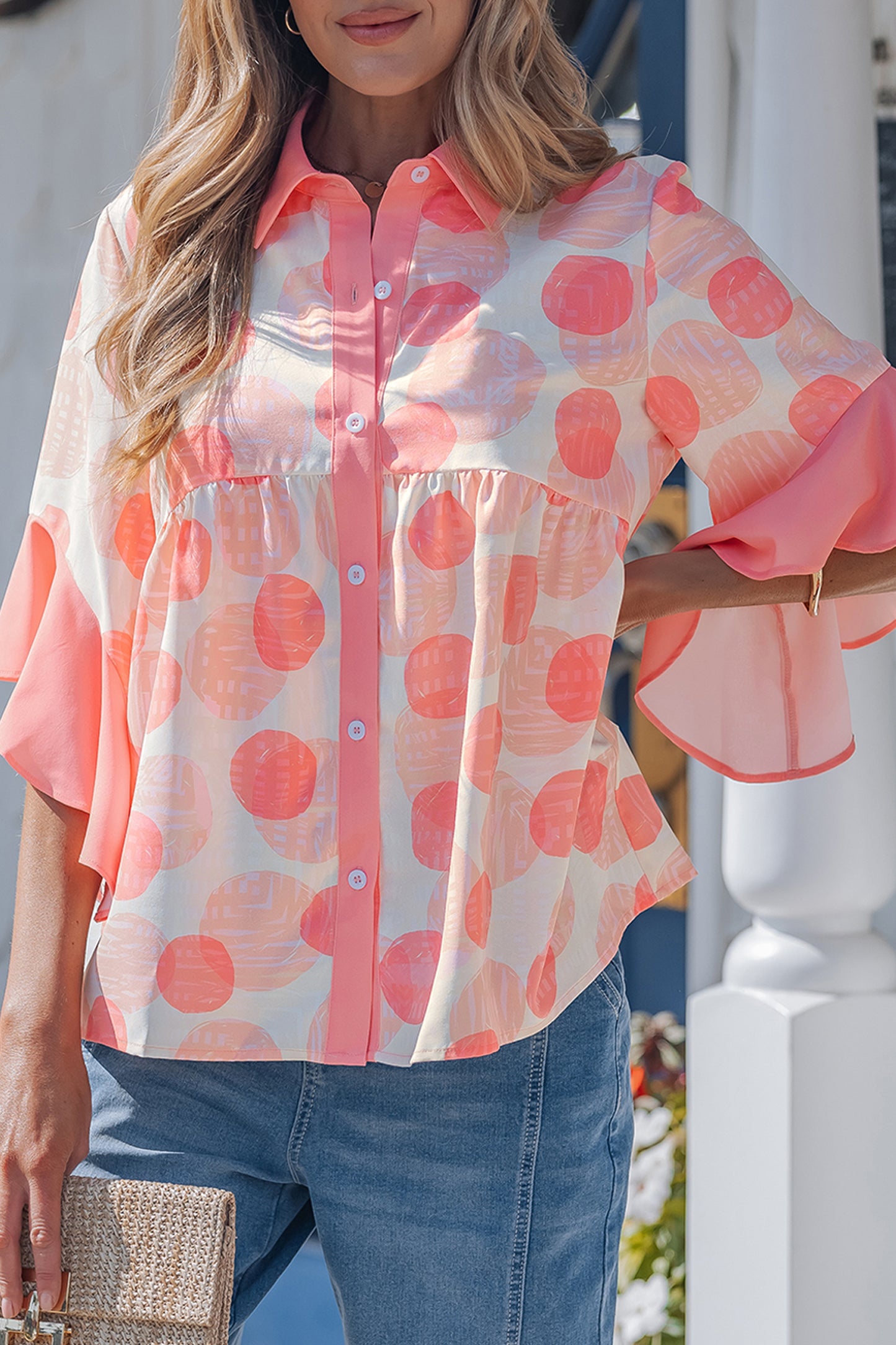 Pink Double Polka Dot Printed Ruffle Trim Short Sleeve Babydoll Shirt