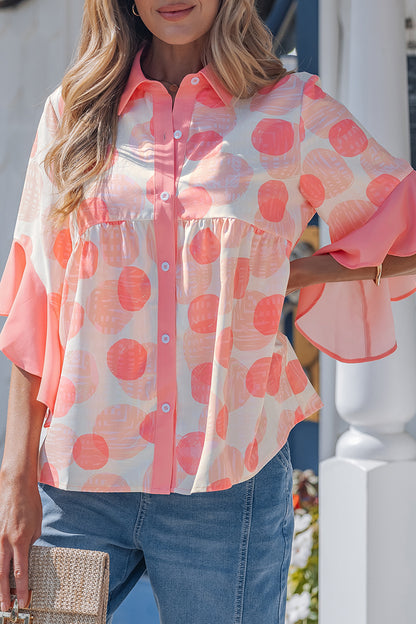 Pink Double Polka Dot Printed Ruffle Trim Short Sleeve Babydoll Shirt