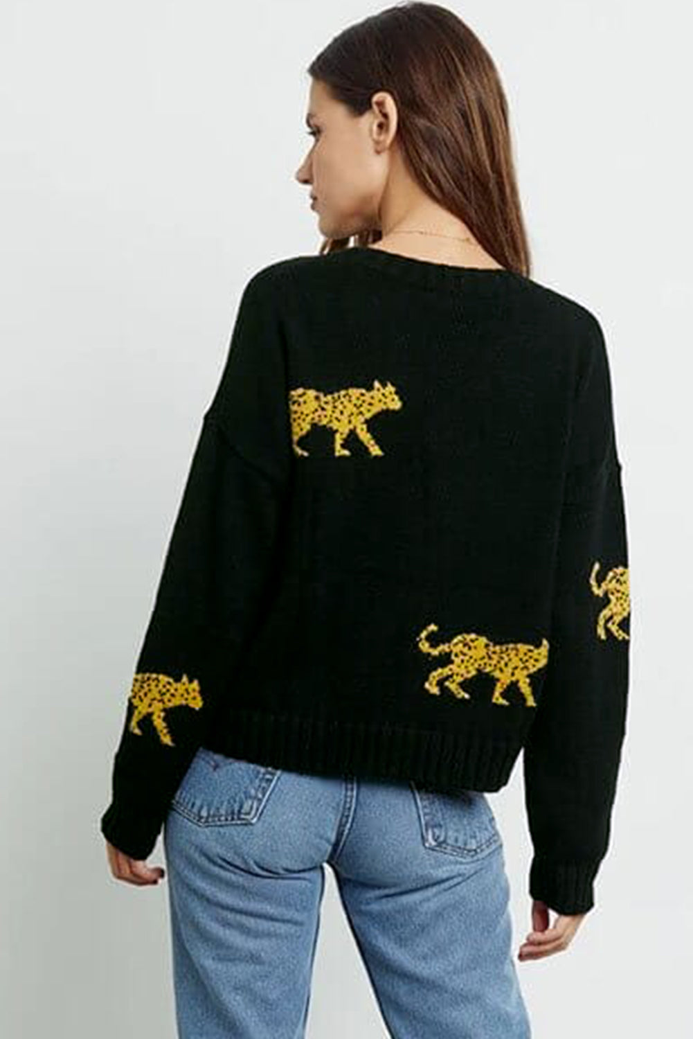 Pull col rond en maille à motif guépard noir 