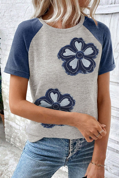 Dark Blue Floral Patchwork Colorblock Raglan Sleeve T Shirt