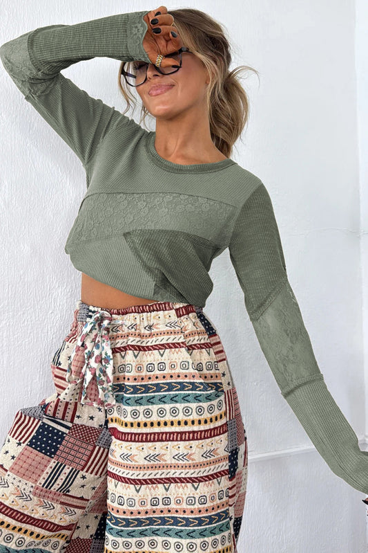 Sage Green Solid Color Waffle Ribbed Lace Patchwork Long Sleeve Top