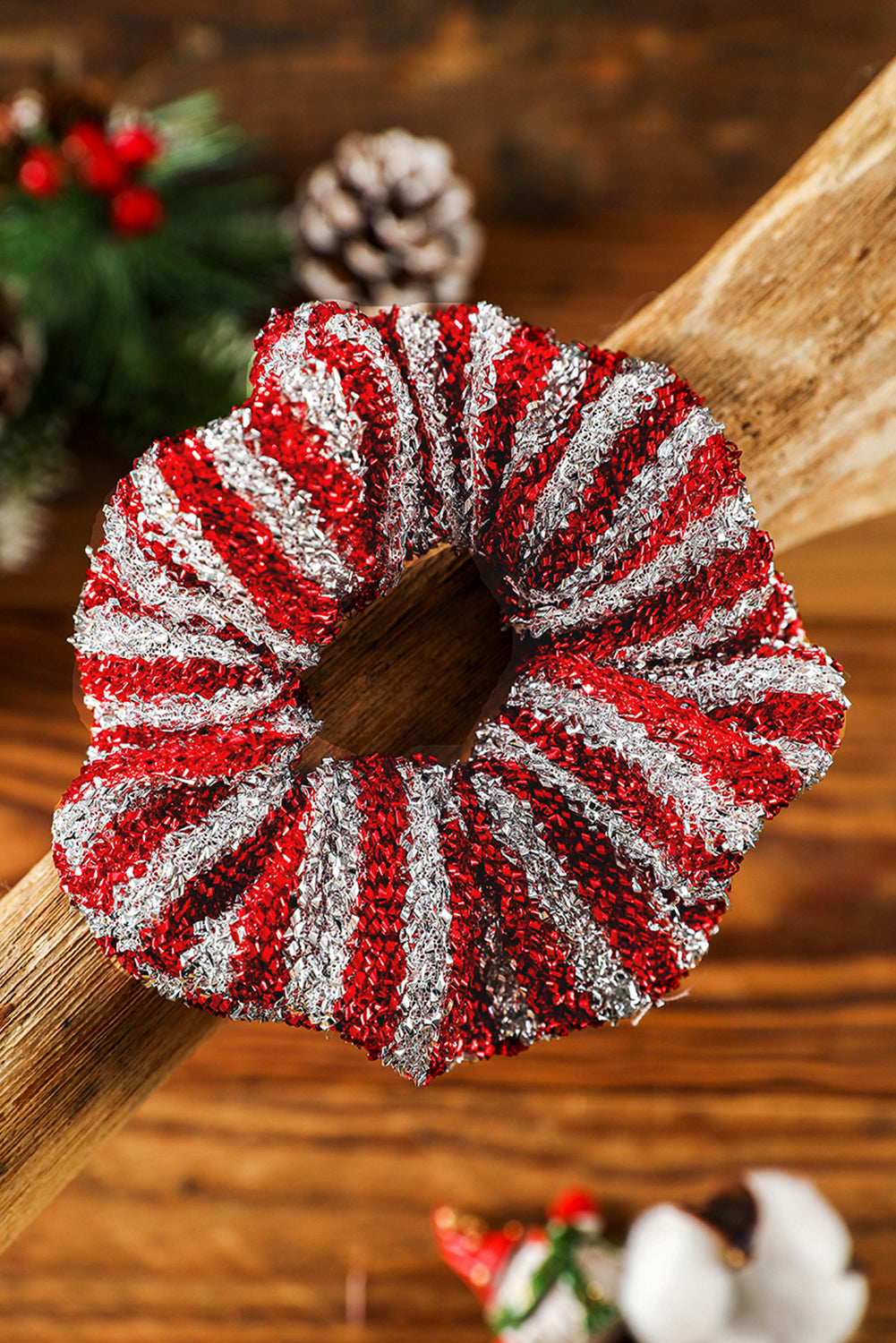 Burgundy Glitter 2-tone Stripes Christmas Hair Tie