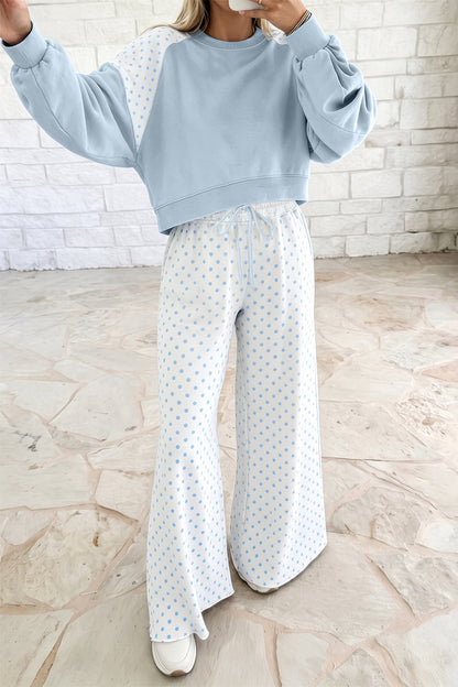 Light Blue Polka Dot Patchwork Colorblock Long Sleeve Casual Two Piece Pants Set